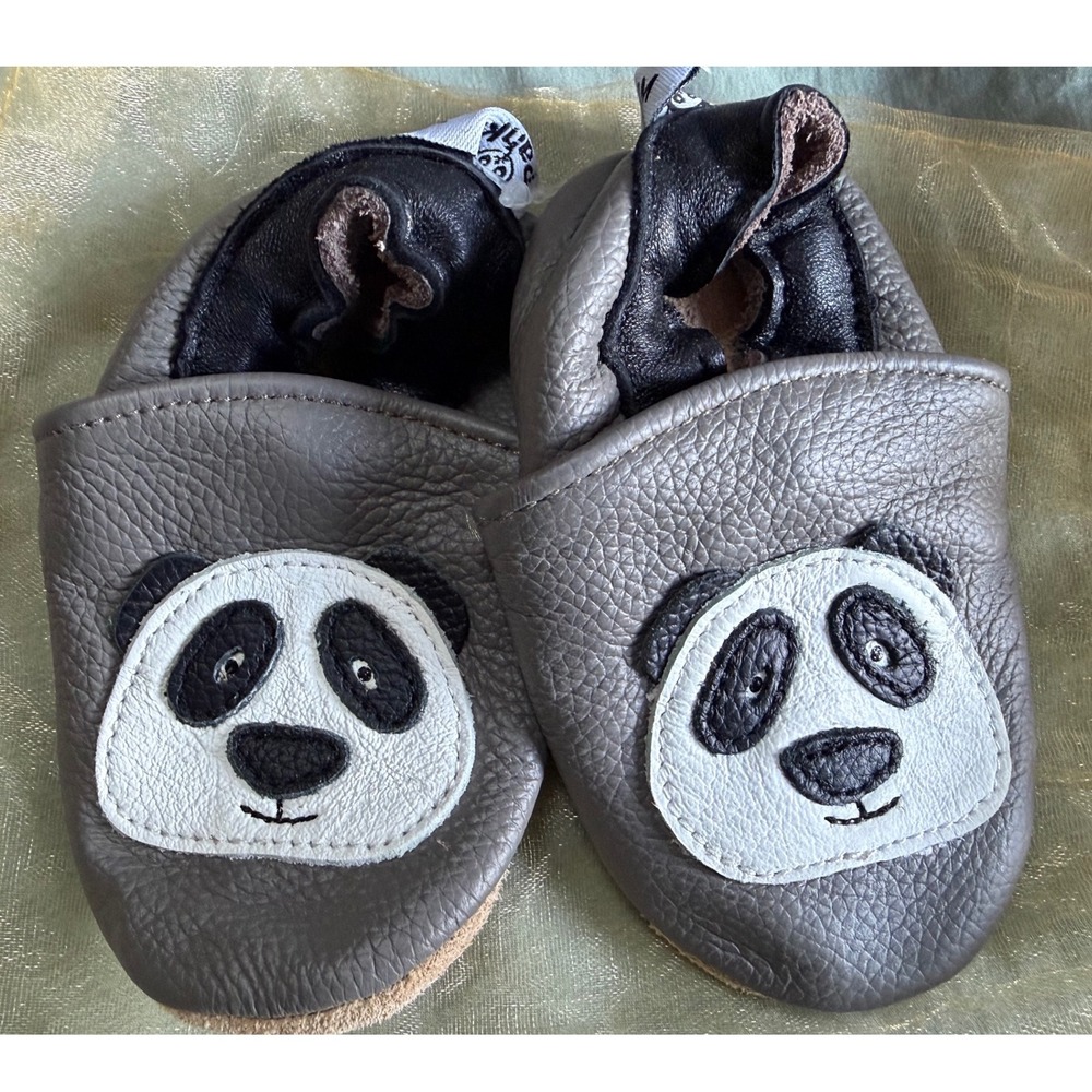 PanKola Baby Soft Sole Leather Booties Grey Panda Infant Shoes 6-12M‎